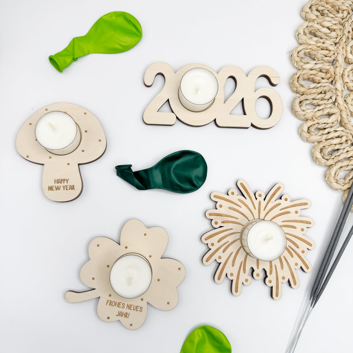 Kerzenhalter Pilz, 2026, Kleeblatt, Feuerwerk Silvester - Laserdatei