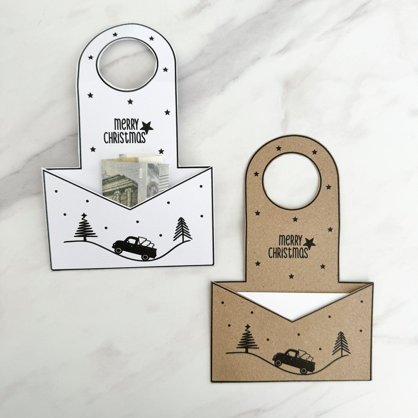 Flaschenhalter für Gutscheine oder Geld, Weihnachtsauto - Druckvorlage