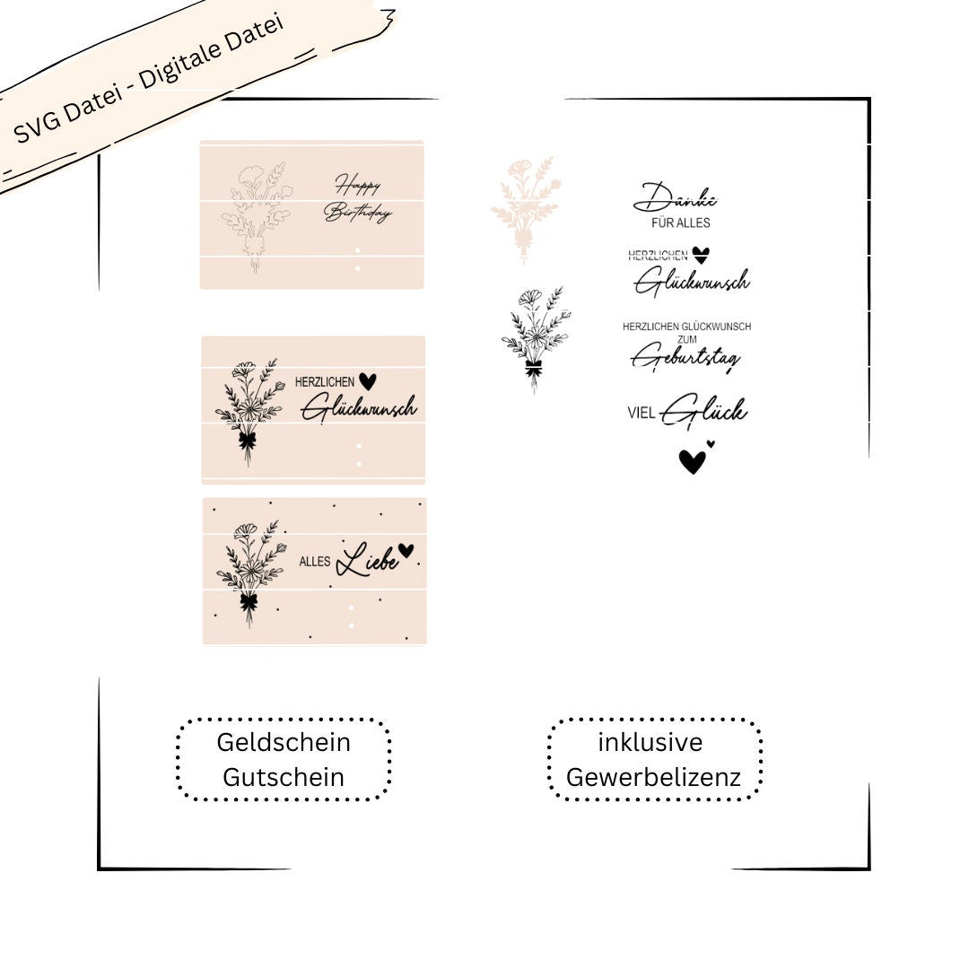 Geldgeschenk, Geburtstagskarte, Blumen - Digitale Datei
