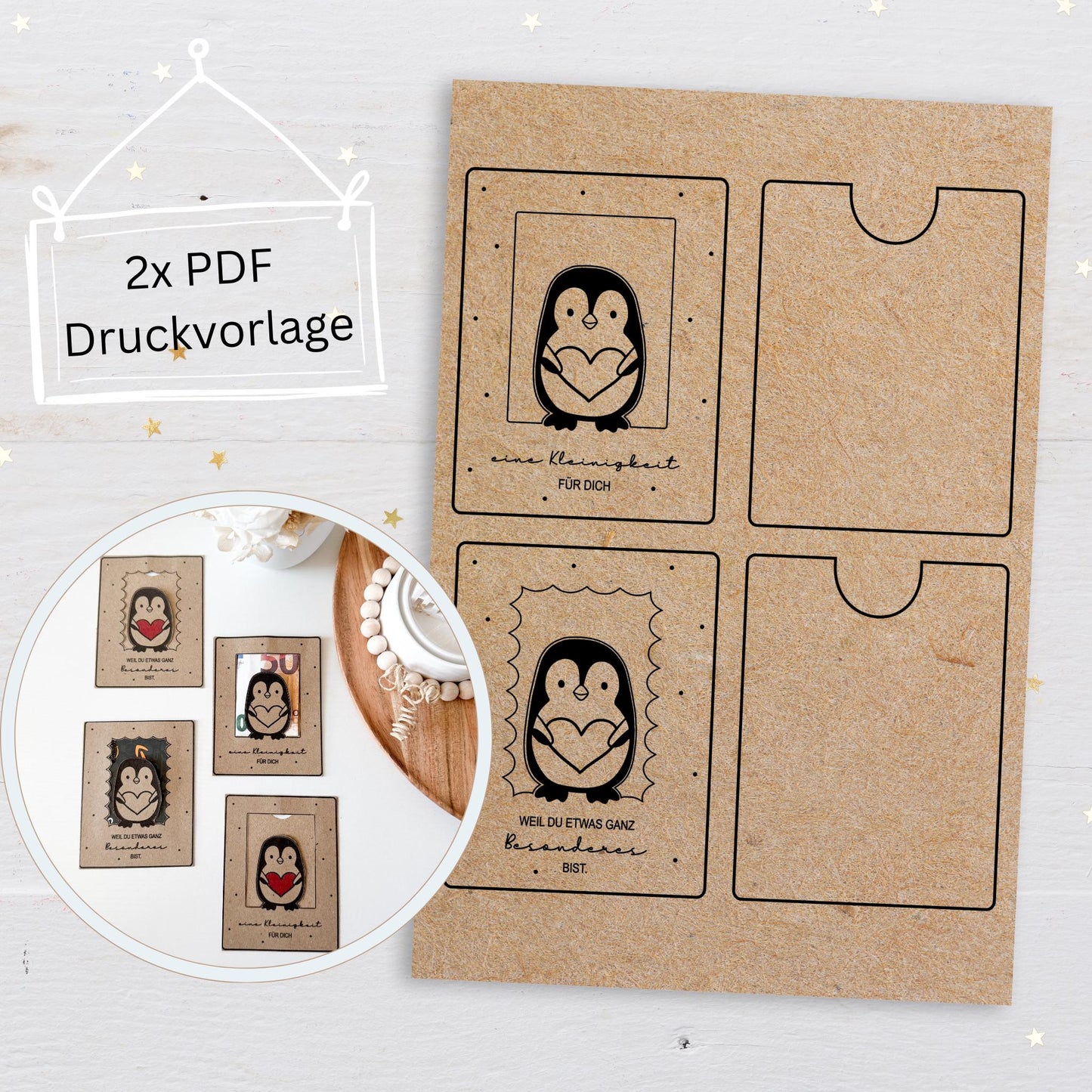 Druckvorlage Gutscheinhalter Pinguin mit Herz