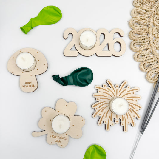 Kerzenhalter Pilz, 2026, Kleeblatt, Feuerwerk Silvester - Laserdatei