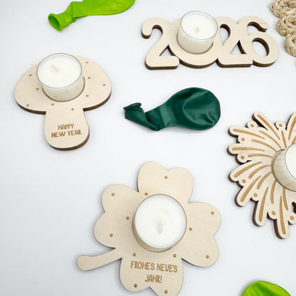 Kerzenhalter Pilz, 2026, Kleeblatt, Feuerwerk Silvester - Laserdatei