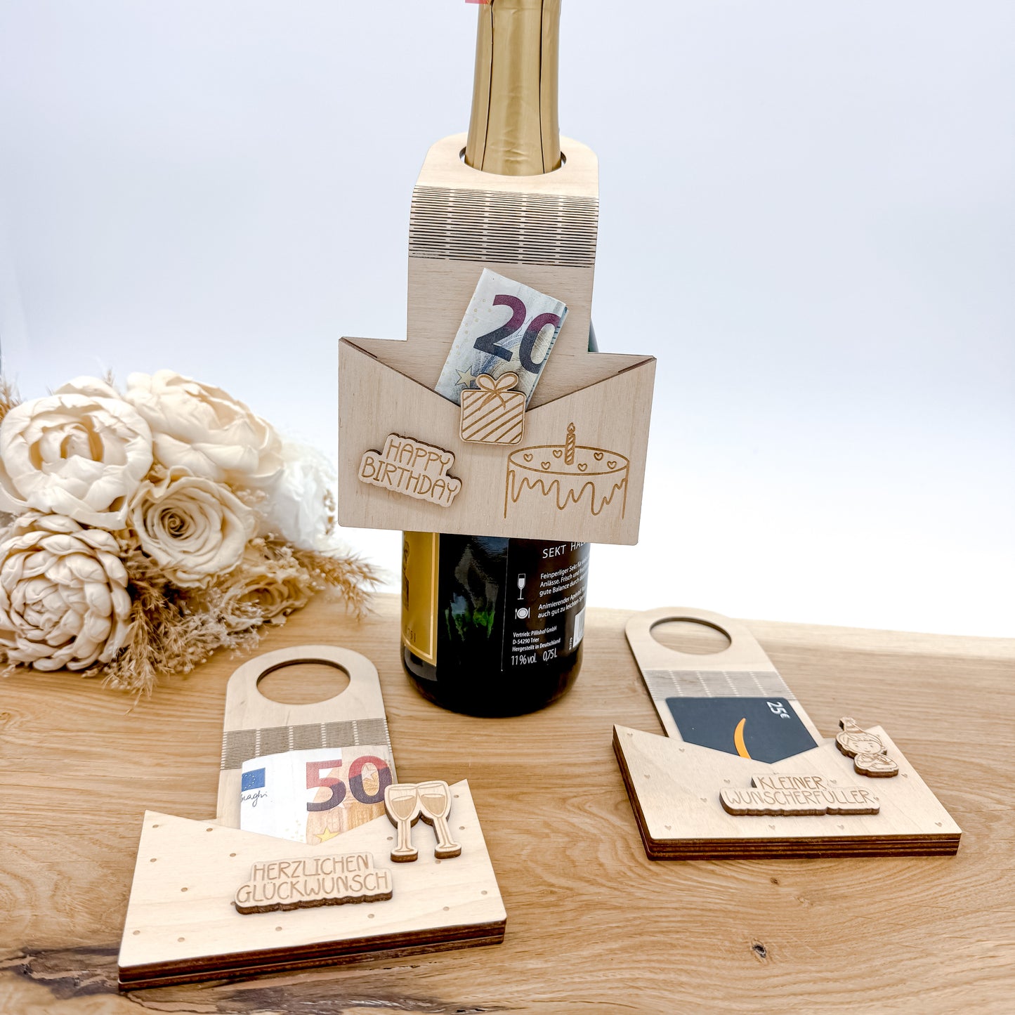 Laserdatei Gutscheinhalter, Flaschenhalter, Geldgeschenk für Flaschen Geburtstag - Laserdatei