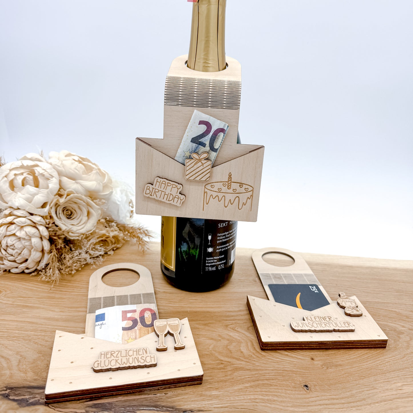 Laserdatei Gutscheinhalter, Flaschenhalter, Geldgeschenk für Flaschen Geburtstag - Laserdatei