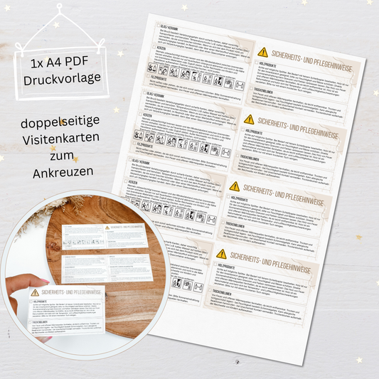 PDF Download Sicherheitshinweise, aufklappbare Visitenkarten zum Ankreuzen für 15 Materialien