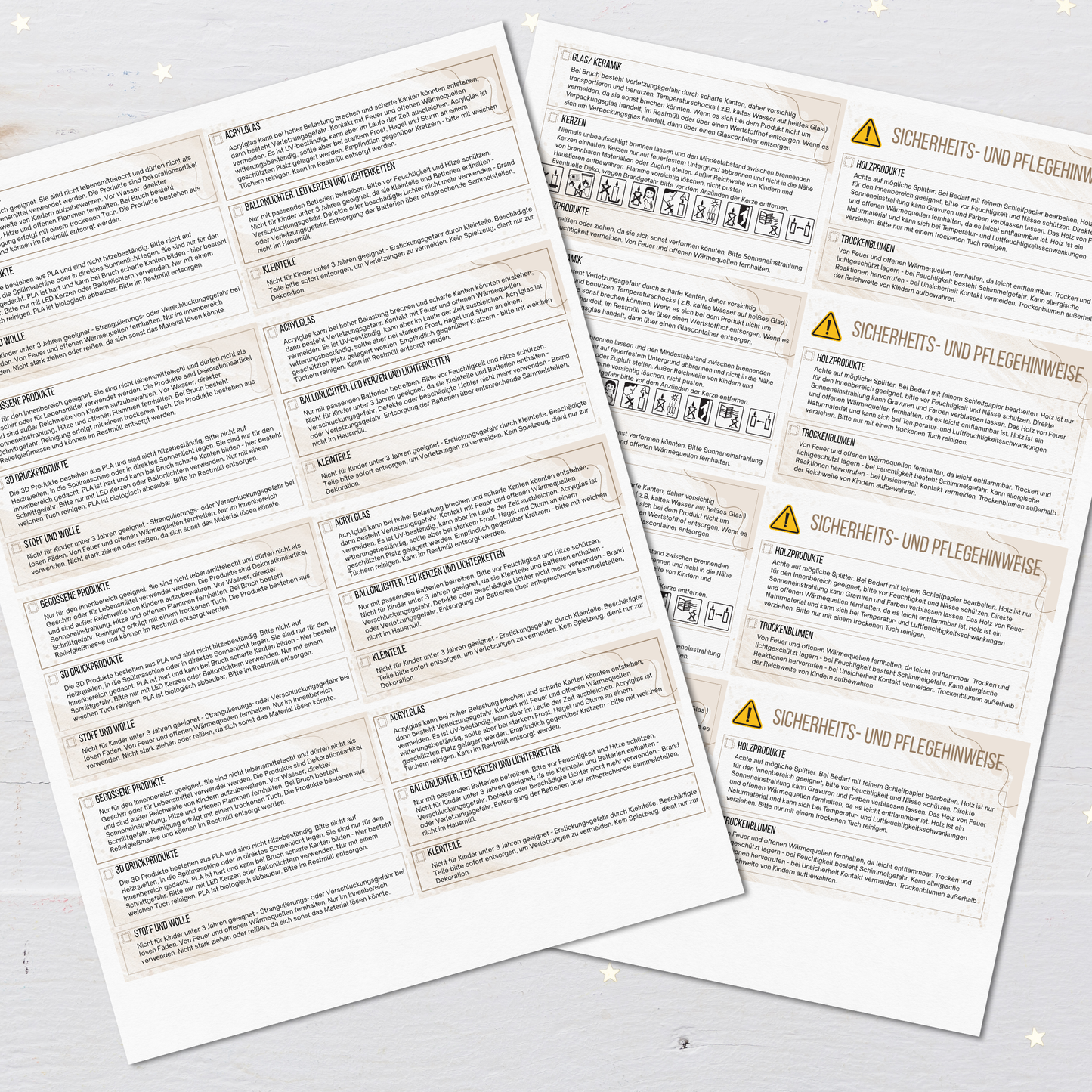 PDF Download Sicherheitshinweise, aufklappbare Visitenkarten zum Ankreuzen für 15 Materialien
