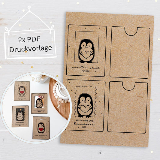 Druckvorlage Gutscheinhalter Pinguin mit Herz