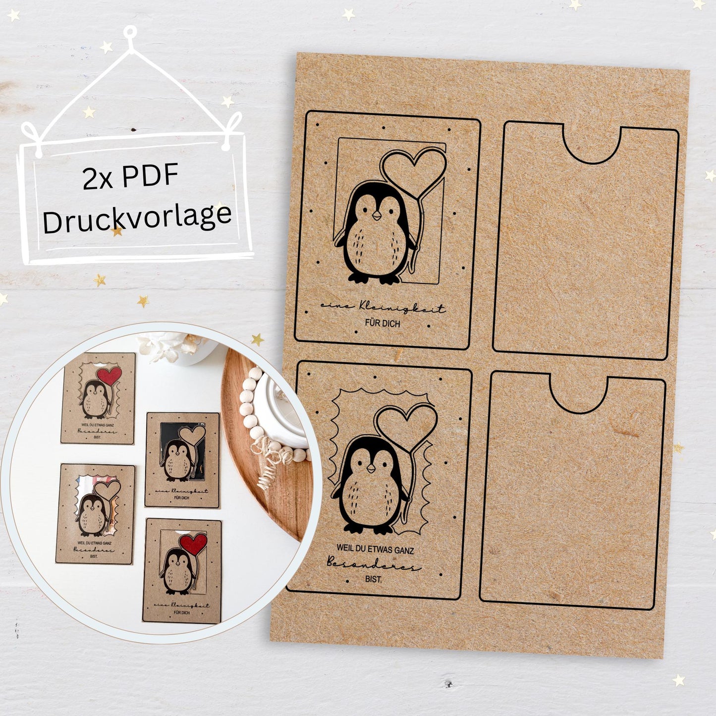 Druckvorlage Gutscheinhalter Pinguin mit Herzballon