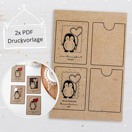 Druckvorlage Gutscheinhalter Pinguin mit Herzballon