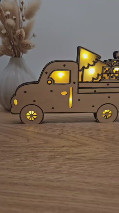 leuchtender Weihnachtstruck, geeignet für Klötzchen oder zum Aufstellen, Weihnachtsauto, Auto mit Baum - Laserdatei